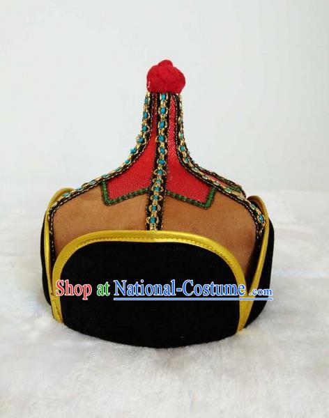 Traditional Handmade Chinese Mongol Nationality Dance Headwear Royal Highness Hat, China Mongolian Minority Nationality Prince Light Tan Headpiece for Men