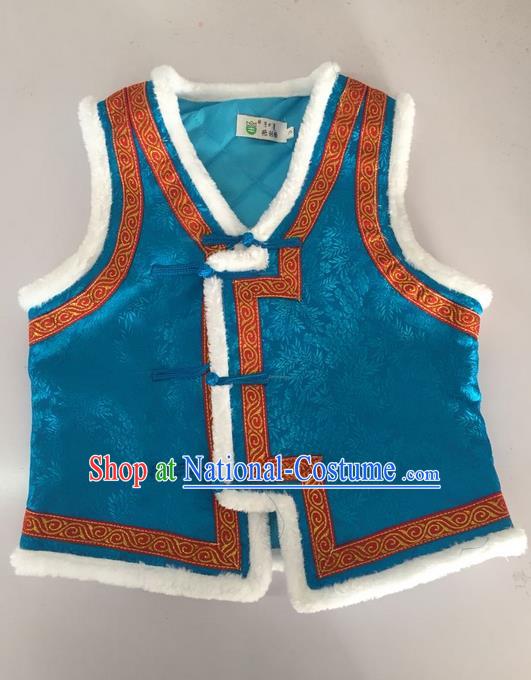 Traditional Chinese Mongol Nationality Dance Costume Handmade Blue Mongolian Vest, China Mongolian Minority Nationality Waistcoat Clothing for Kids