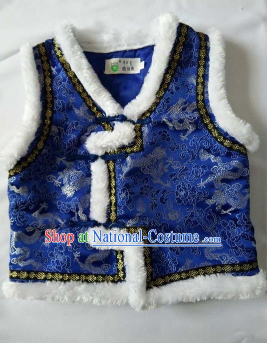 Traditional Chinese Mongol Nationality Dance Costume Handmade Royalblue Mongolian Vest, China Mongolian Minority Nationality Waistcoat Clothing for Kids