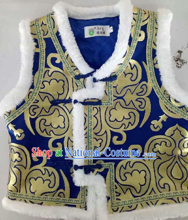 Traditional Chinese Mongol Nationality Dance Costume Handmade Deep Blue Mongolian Vest, China Mongolian Minority Nationality Waistcoat Clothing for Kids