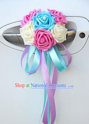 Top Grade Wedding Accessories Decoration, China Style Wedding Car Ornament Six Flowers Bride Pink White and Blue Rose Ribbon Garlands