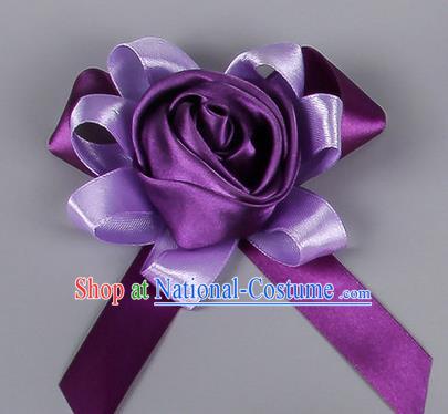 Top Grade Wedding Accessories Decoration Corsage, China Style Wedding Car Ornament Rose Flowers Bride Bridegroom Purple Ribbon Brooch