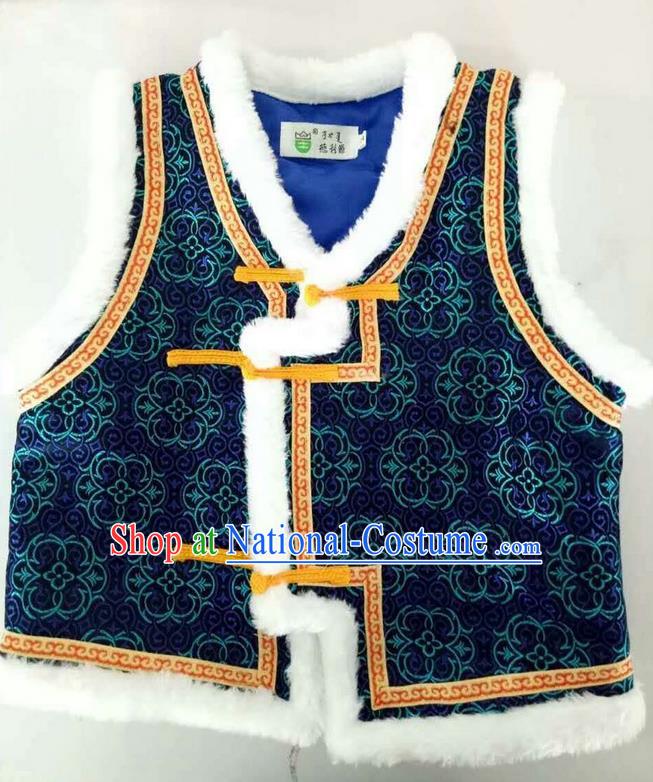 Traditional Chinese Mongol Nationality Dance Costume Handmade Navy Mongolian Vest, China Mongolian Minority Nationality Waistcoat Clothing for Kids