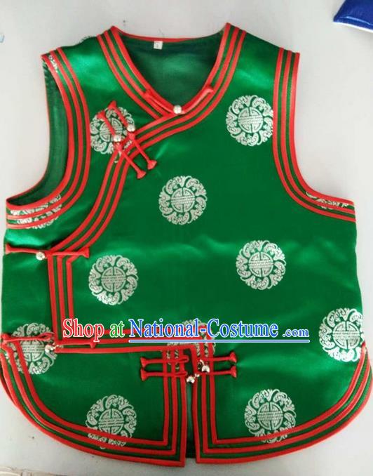 Traditional Chinese Mongol Nationality Dance Costume Handmade Mongolian Green Vest, China Mongolian Minority Nationality Waistcoat Clothing for Kids