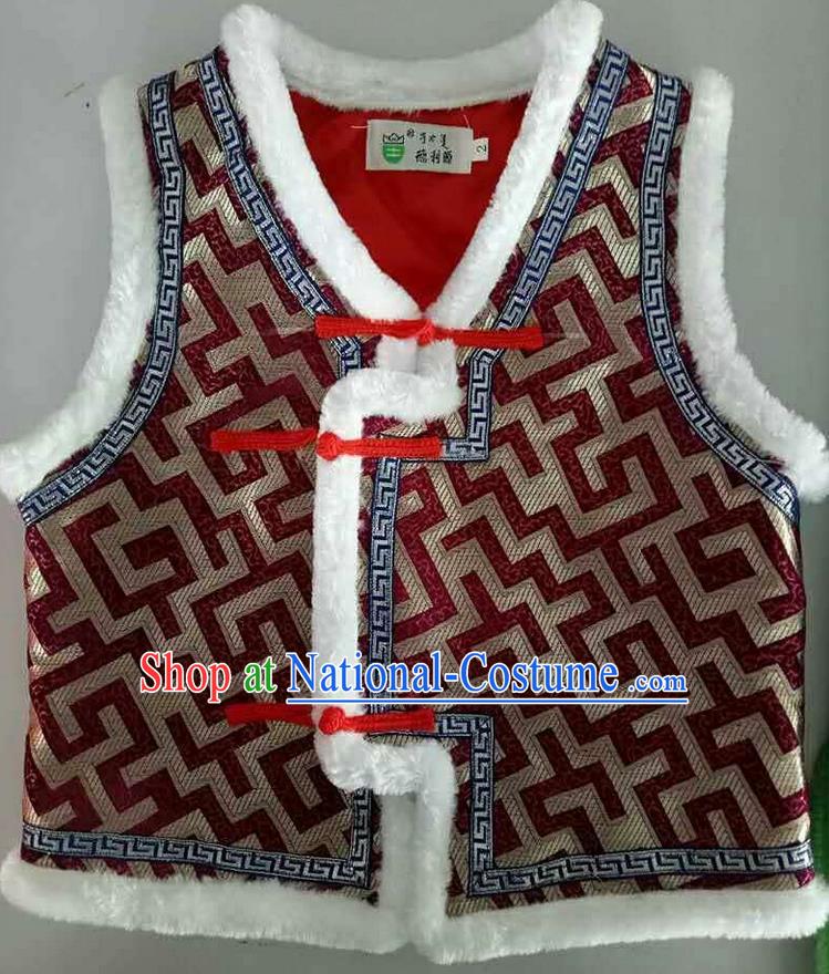 Traditional Chinese Mongol Nationality Dance Costume Handmade Purplish Red Mongolian Vest, China Mongolian Minority Nationality Waistcoat Clothing for Kids