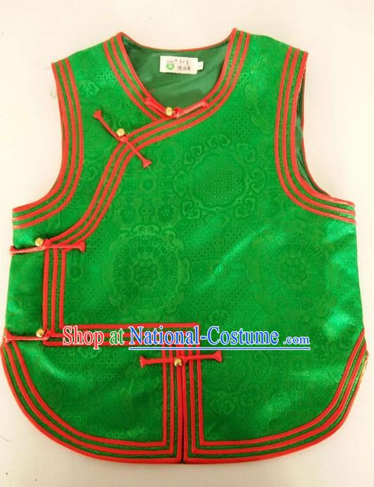 Traditional Chinese Mongol Nationality Dance Costume Handmade Mongolian Green Vest, China Mongolian Minority Nationality Waistcoat Clothing for Kids