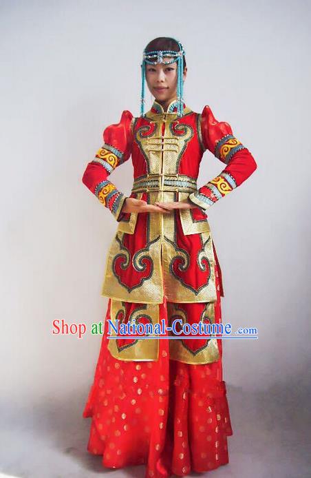 Traditional Chinese Mongol Nationality Dance Costume Handmade Queen Mongolian Robe, China Mongolian Minority Nationality Bride Wedding Red Dress Clothing for Women