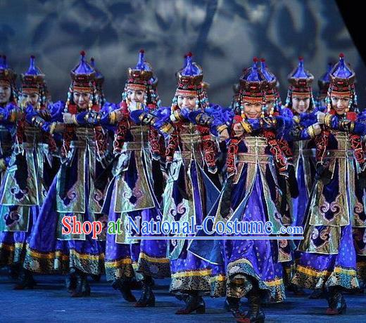 Traditional Chinese Mongol Nationality Dance Costume Handmade Queen Mongolian Robe, China Mongolian Minority Nationality Bride Wedding Blue Dress Clothing for Women