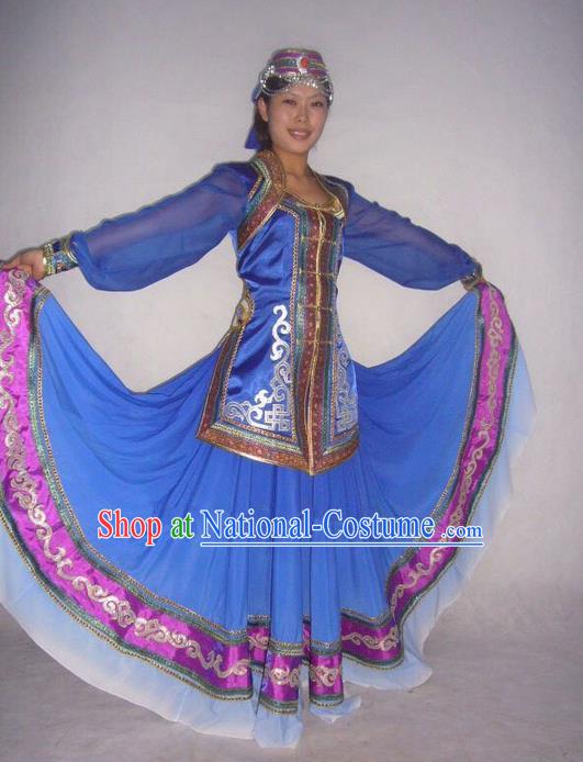 Traditional Chinese Mongol Nationality Dance Costume Handmade Mongolian Robe, China Mongolian Minority Nationality Blue Dress Clothing for Women