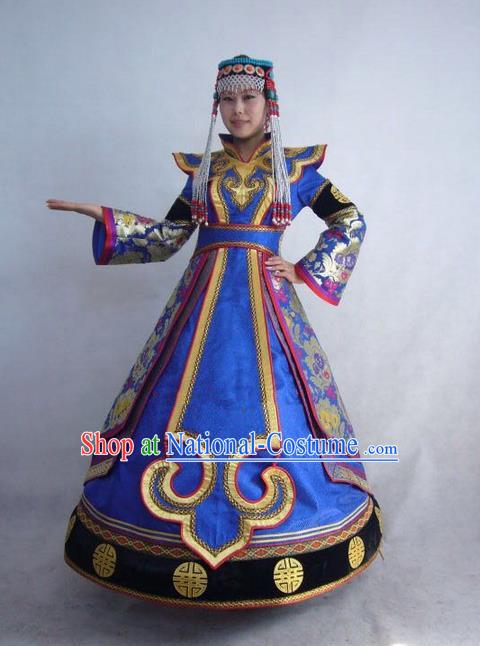 Traditional Chinese Mongol Nationality Dance Costume Handmade Princess Mongolian Robe, China Mongolian Minority Nationality Blue Dress Clothing for Women