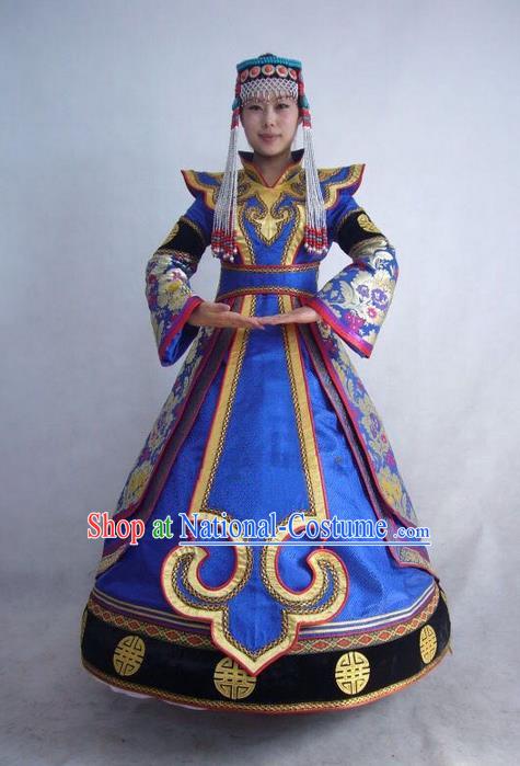 Traditional Chinese Mongol Nationality Dance Costume Mongols Folk Dance Pleated Skirt Mongolian Minority Costume and headwear