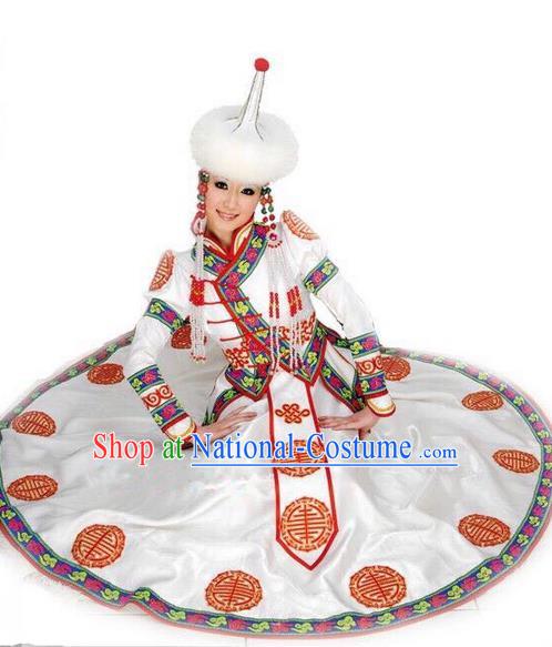 Traditional Chinese Mongol Nationality Dance Costume Handmade Princess Mongolian Robe, China Mongolian Minority Nationality White Dress Clothing for Women