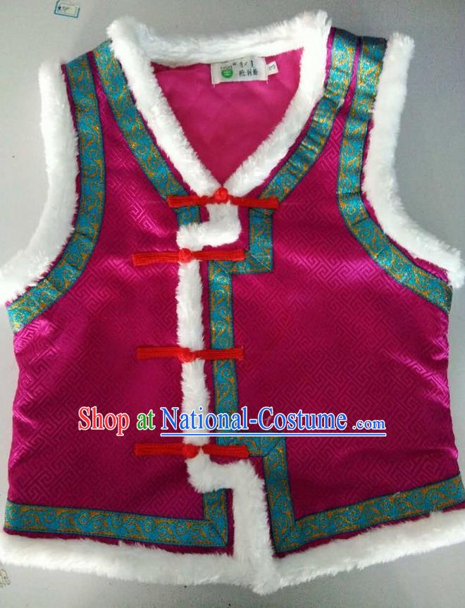 Traditional Chinese Mongol Nationality Dance Costume Handmade Rosy Mongolian Vest, China Mongolian Minority Nationality Waistcoat Clothing for Kids