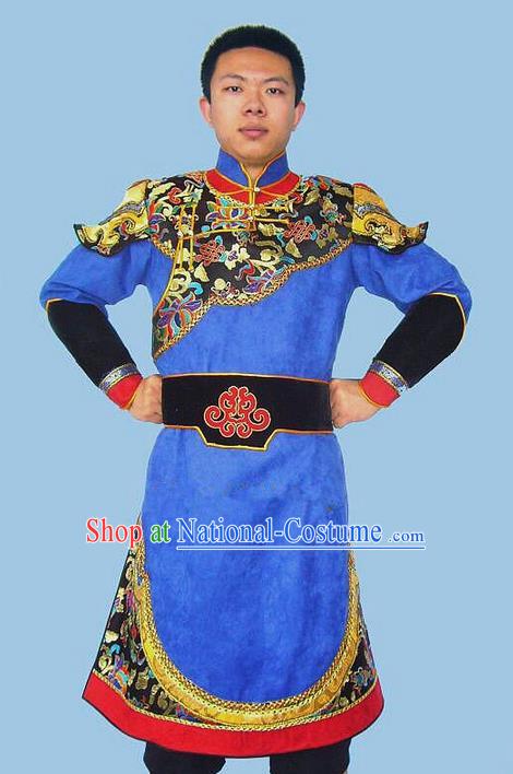 Traditional Chinese Mongol Nationality Dance Costume Handmade Blue Mongolian Robe, China Mongolian Minority Nationality Bridegroom Clothing for Men