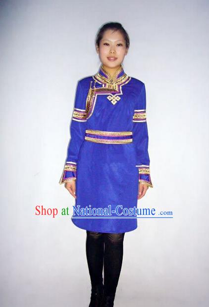 Traditional Chinese Mongol Nationality Dance Costume Handmade Blue Mongolian Robe, China Mongolian Minority Nationality Dress Clothing for Women