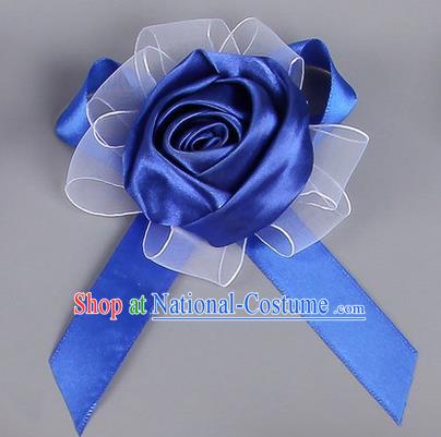 Top Grade Wedding Accessories Decoration Corsage, China Style Wedding Car Ornament Rose Flowers Bride Bridegroom Royalblue Ribbon Brooch