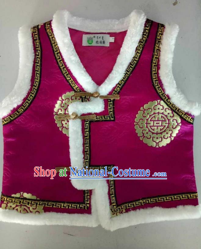 Traditional Chinese Mongol Nationality Dance Costume Handmade Amaranth Mongolian Vest, China Mongolian Minority Nationality Waistcoat Clothing for Kids