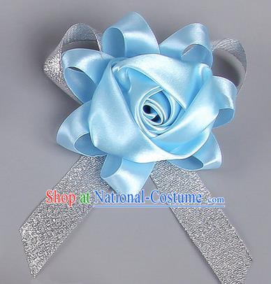 Top Grade Wedding Accessories Decoration Corsage, China Style Wedding Car Ornament Rose Flowers Bride Bridegroom Blue Ribbon Brooch