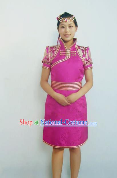 Traditional Chinese Mongol Nationality Dance Costume Handmade Rosy Mongolian Robe, China Mongolian Minority Nationality Bride Dress Clothing for Women