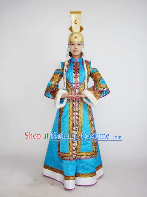 Traditional Chinese Mongol Nationality Dance Costume Handmade Wedding Bride Mongolian Robe, China Mongolian Minority Nationality Blue Dress Clothing for Women