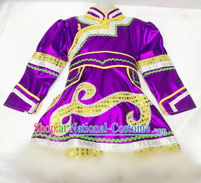 Traditional Chinese Mongol Nationality Dance Costume Handmade Embroidery Purple Mongolian Robe, China Mongolian Minority Nationality Dress for Kids