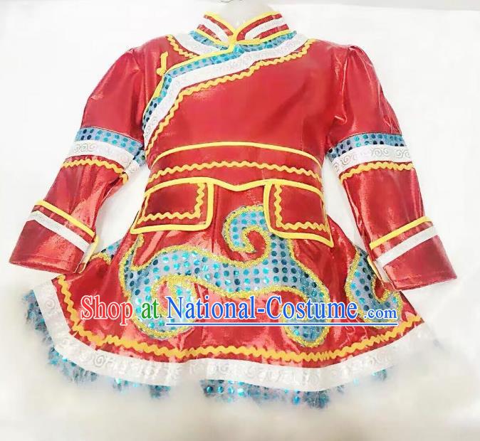 Traditional Chinese Mongol Nationality Dance Costume Handmade Embroidery Red Mongolian Robe, China Mongolian Minority Nationality Dress for Kids