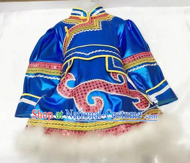 Traditional Chinese Mongol Nationality Dance Costume Handmade Embroidery Blue Mongolian Robe, China Mongolian Minority Nationality Dress for Kids