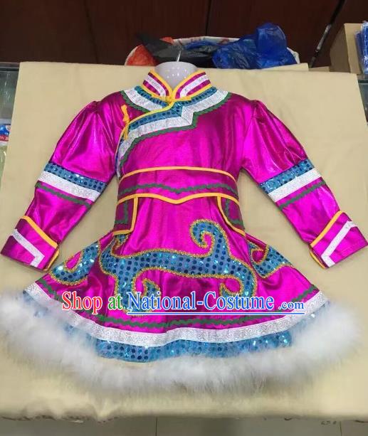 Traditional Chinese Mongol Nationality Dance Costume Handmade Embroidery Rosy Mongolian Robe, China Mongolian Minority Nationality Dress for Kids