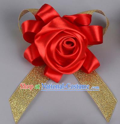 Top Grade Wedding Accessories Decoration Corsage, China Style Wedding Car Ornament Red Rose Flowers Bride Bridegroom Golden Ribbon Brooch