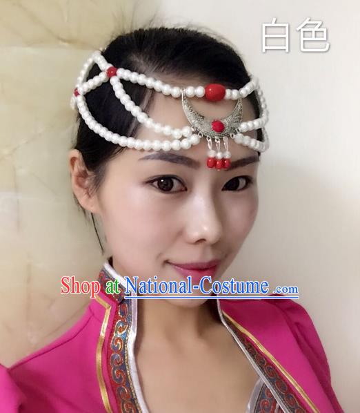 Traditional Handmade Chinese Mongol Nationality Handmade Sliver White Beads Headband, China Mongols Mongolian Minority Nationality Wedding Bride Tassel Headwear Headpiece for Women