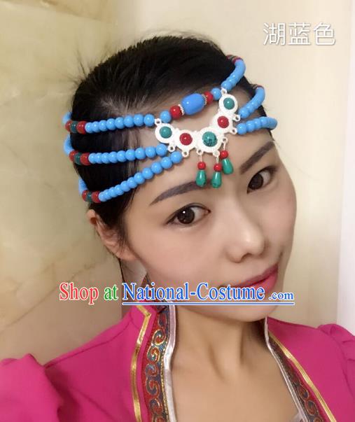 Traditional Handmade Chinese Mongol Nationality Handmade Blue Beads Headband, China Mongols Mongolian Minority Nationality Wedding Bride Tassel Headwear Headpiece for Women