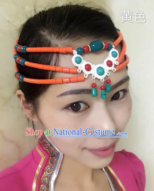 Traditional Handmade Chinese Mongol Nationality Handmade Orange Beads Headband, China Mongols Mongolian Minority Nationality Wedding Bride Tassel Headwear Headpiece for Women