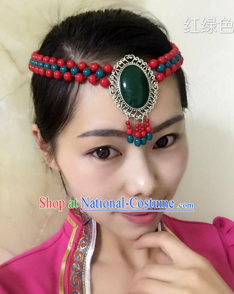 Traditional Handmade Chinese Mongol Nationality Handmade Green and Red Beads Headband, China Mongols Mongolian Minority Nationality Wedding Bride Tassel Headwear Headpiece for Women