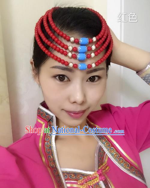 Traditional Handmade Chinese Mongol Nationality Handmade Red Beads Headband, China Mongols Mongolian Minority Nationality Wedding Bride Headwear Headpiece for Women