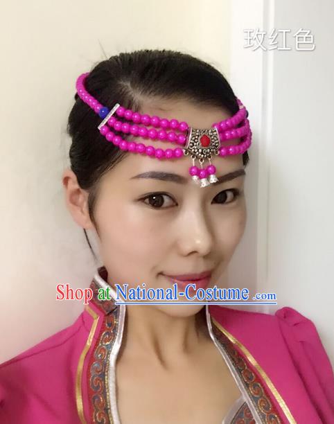 Traditional Handmade Chinese Mongol Nationality Handmade Rosy Beads Headband, China Mongols Mongolian Minority Nationality Wedding Sliver Headwear Headpiece for Women