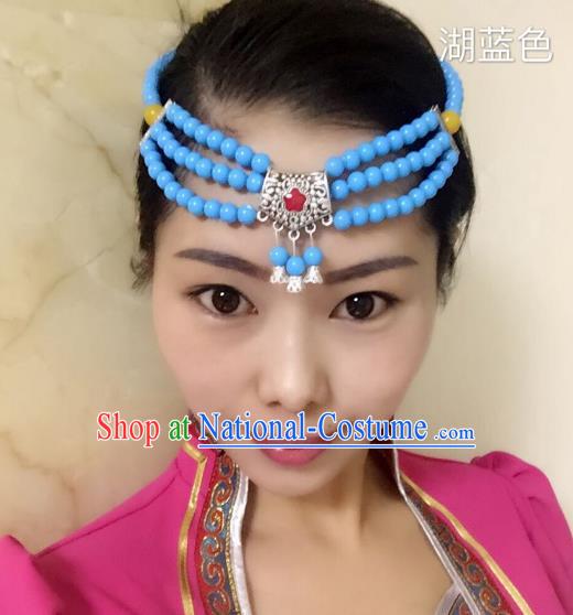 Traditional Handmade Chinese Mongol Nationality Handmade Blue Beads Headband, China Mongols Mongolian Minority Nationality Wedding Sliver Headwear Headpiece for Women