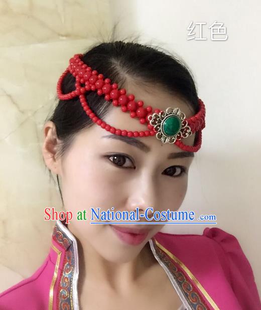 Traditional Handmade Chinese Mongol Nationality Handmade Red Beads Headband, China Mongols Mongolian Minority Nationality Wedding Sliver Headwear Headpiece for Women