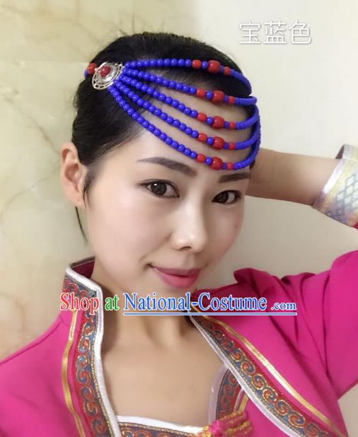 Traditional Handmade Chinese Mongol Nationality Handmade Royalblue Beads Hair Accessories, China Mongols Mongolian Minority Nationality Wedding Headwear for Women