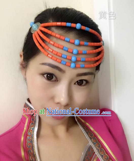 Traditional Handmade Chinese Mongol Nationality Handmade Orange Beads Hair Accessories, China Mongols Mongolian Minority Nationality Wedding Headwear for Women