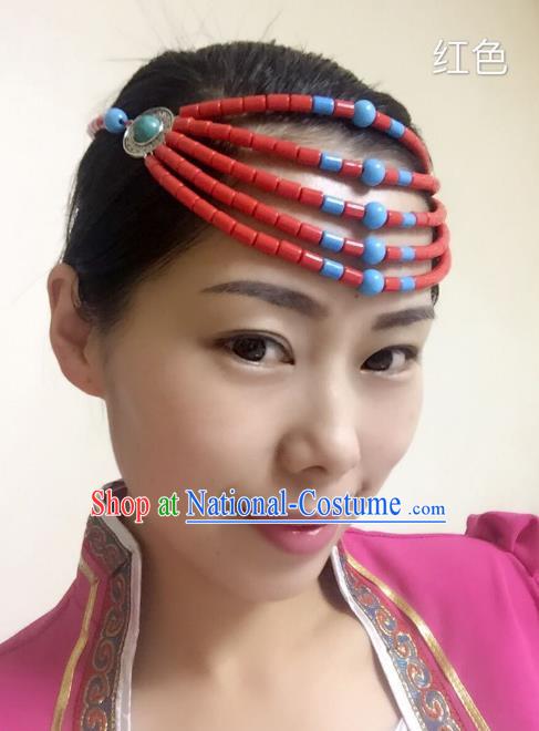 Traditional Handmade Chinese Mongol Nationality Handmade Red Beads Hair Accessories, China Mongols Mongolian Minority Nationality Wedding Headwear for Women