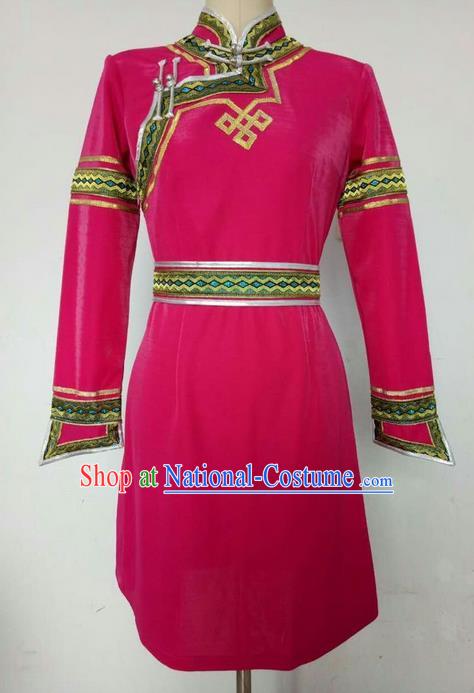 Traditional Chinese Mongol Nationality Dance Costume Handmade Rosy Mongolian Robe, China Mongolian Minority Nationality Princess Dress Clothing for Women