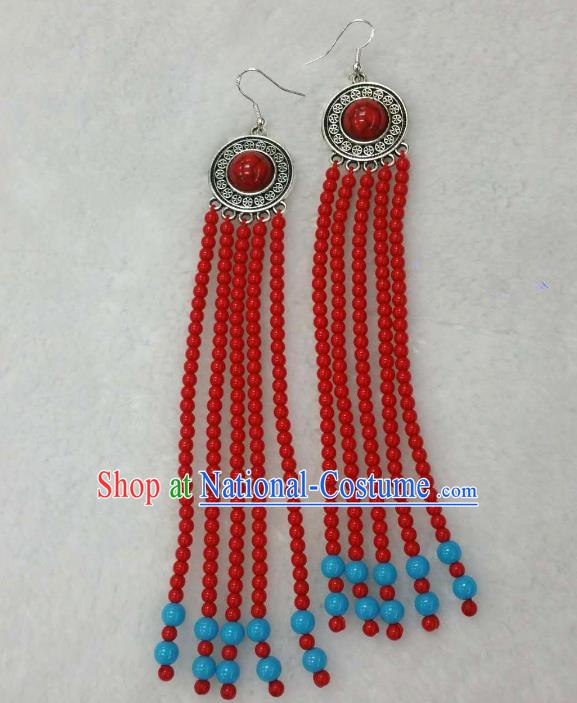 Traditional Handmade Chinese Mongol Nationality Handmade Beads Tassel Earrings, China Mongols Mongolian Minority Nationality Wedding Eardrop for Women