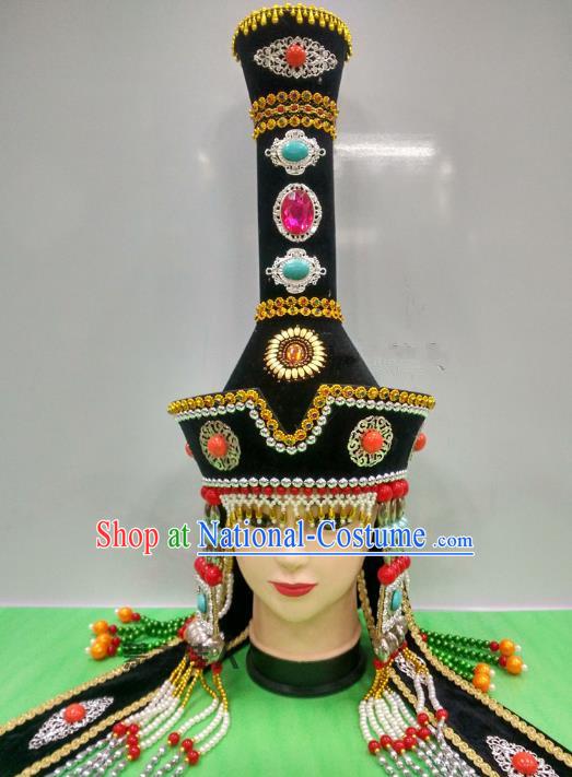 Traditional Handmade Chinese Mongol Nationality Handmade Bride Black Hat, China Mongols Mongolian Minority Nationality Wedding Headwear for Women