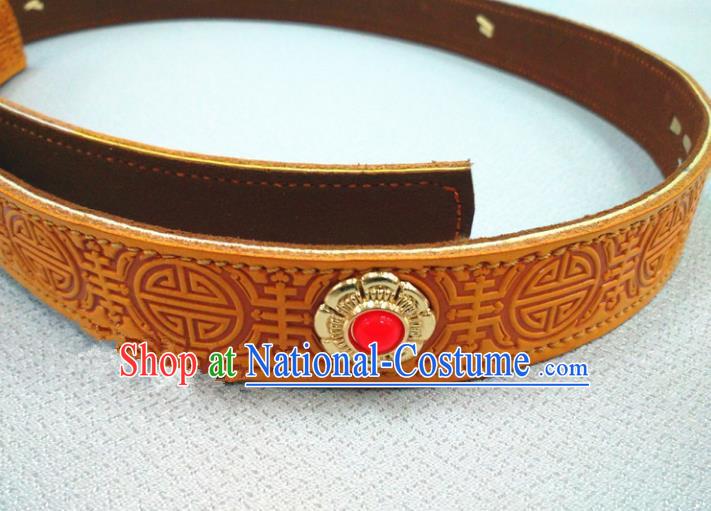 Traditional Handmade Chinese Mongol Nationality Handmade Leather Belt, China Mongols Mongolian Minority Nationality Waistband for Women