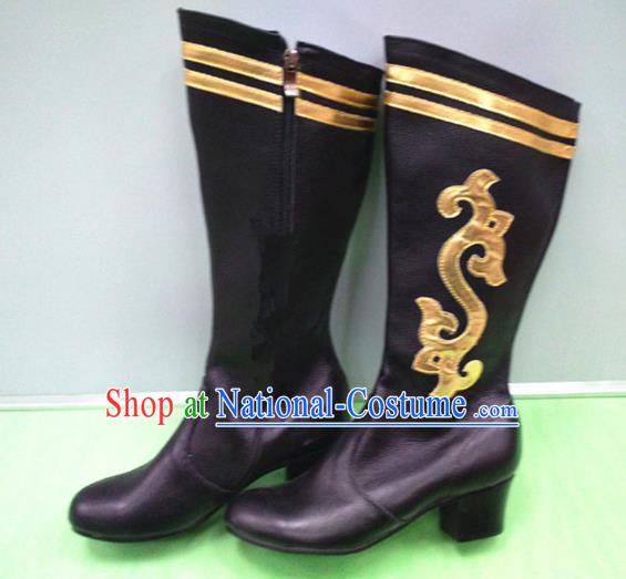 Traditional Chinese Minority Mongol Nationality Dance Black Leather Shoes, Ethnic Minorities Mongolian Boots for Women