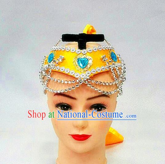 Traditional Handmade Chinese Mongol Nationality Handmade Yellow Hair Accessories, China Mongols Mongolian Minority Nationality Headband Headwear for Women