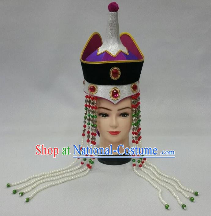 Traditional Handmade Chinese Mongol Nationality Handmade Queen Tassel Hat Hair Accessories, China Mongols Mongolian Minority Nationality Headwear for Women