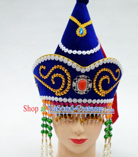 Traditional Handmade Chinese Mongol Nationality Handmade Princess Tassel Royalblue Hat Hair Accessories, China Mongols Mongolian Minority Nationality Wedding Headwear for Women