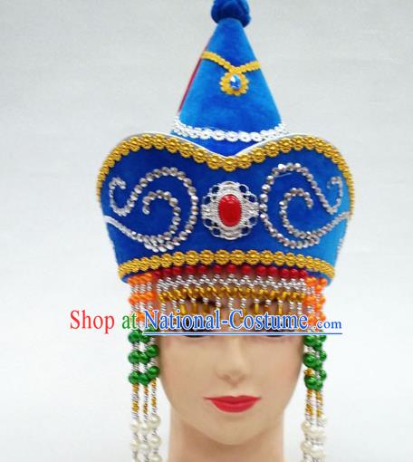 Traditional Handmade Chinese Mongol Nationality Handmade Princess Tassel Blue Hat Hair Accessories, China Mongols Mongolian Minority Nationality Wedding Headwear for Women