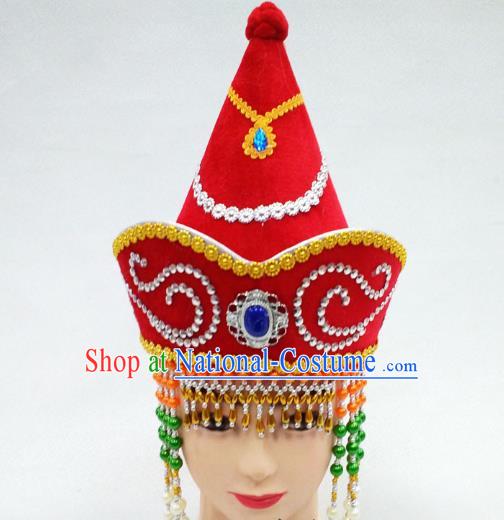 Traditional Handmade Chinese Mongol Nationality Handmade Princess Tassel Red Hat Hair Accessories, China Mongols Mongolian Minority Nationality Wedding Headwear for Women